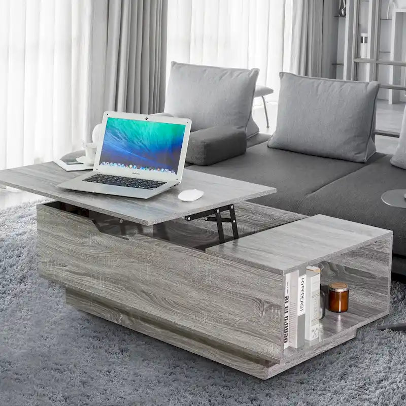 New Adjustable Top Coffee Table in Walnut or Grey, Rectangle Living Room Desk with Storage