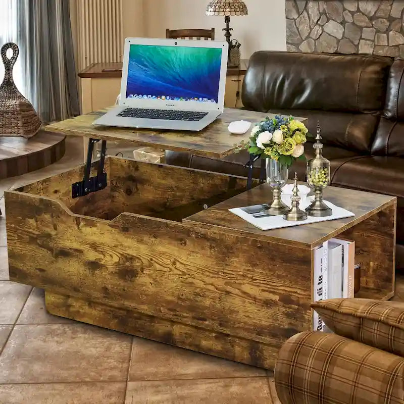 Lift-Top Coffee Table, Grey / Walnut, Rectangle, 1-Person Sofa Desk with Storage