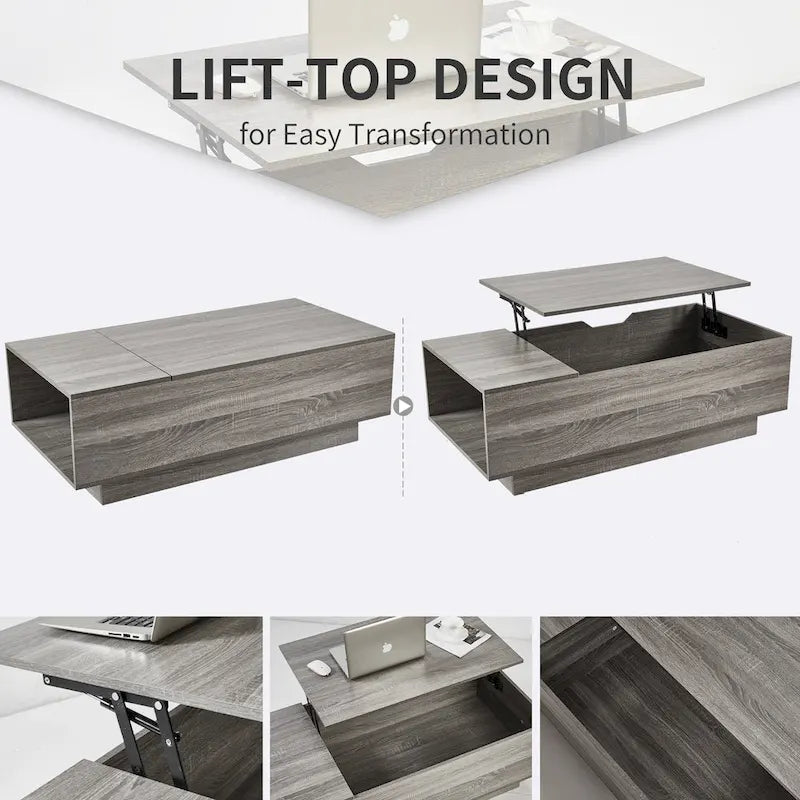 Lift-Top Coffee Table, Grey / Walnut, Rectangle, 1-Person Sofa Desk with Storage