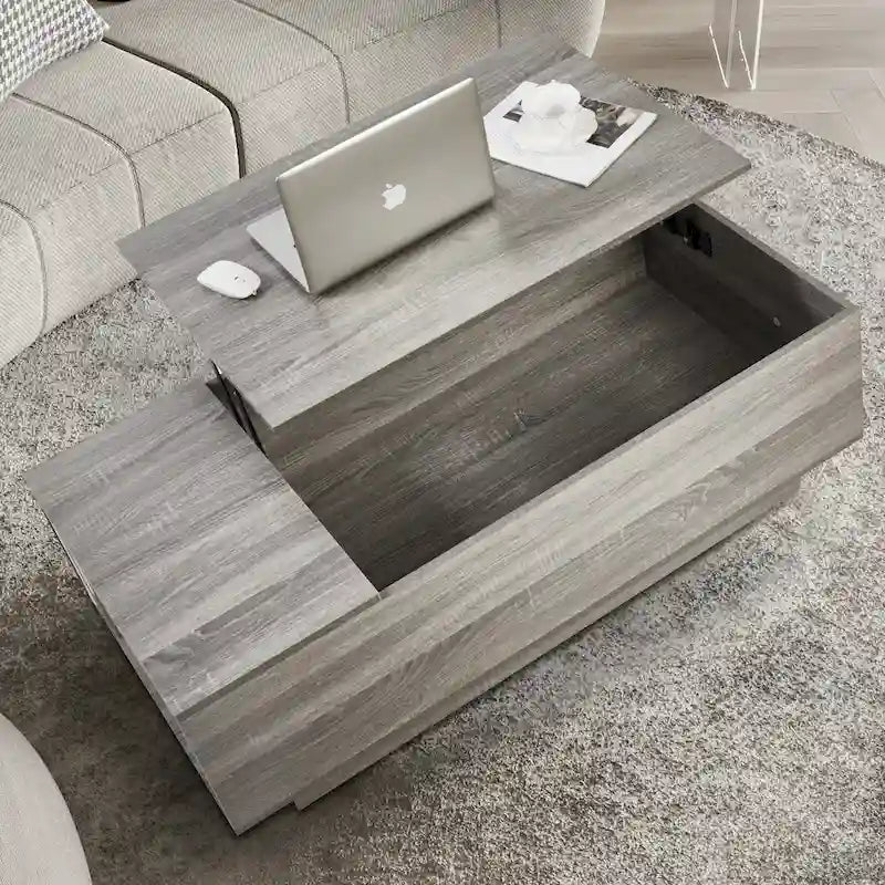 Lift-Top Coffee Table, Grey / Walnut, Rectangle, 1-Person Sofa Desk with Storage