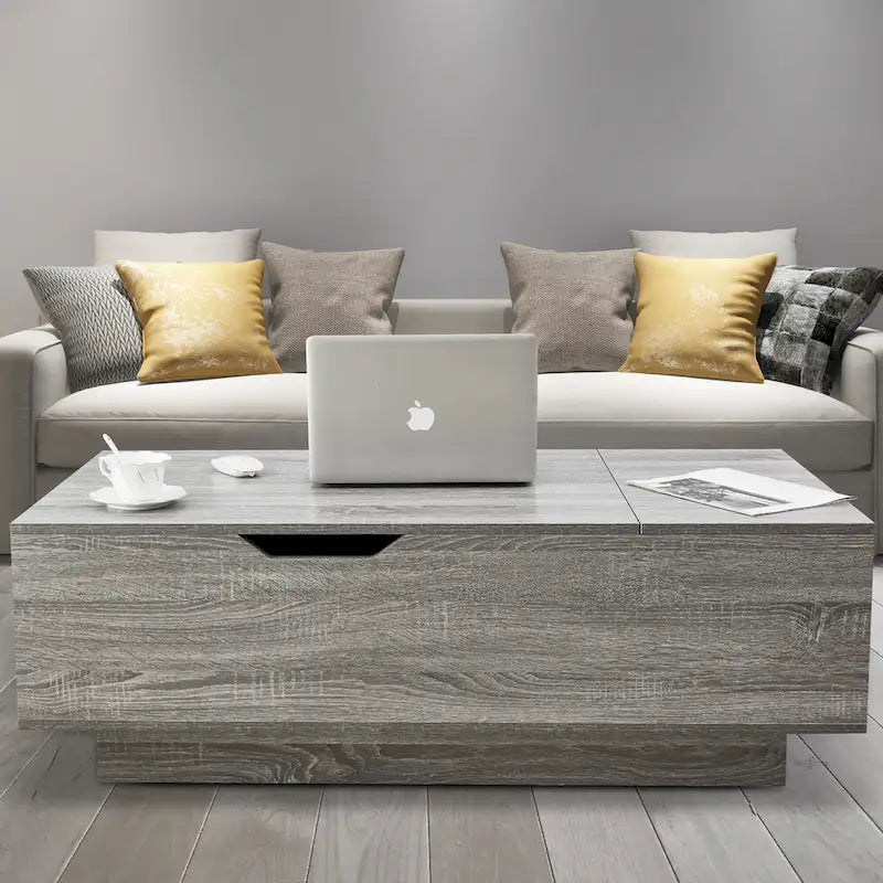 Lift-Top Coffee Table, Grey / Walnut, Rectangle, 1-Person Sofa Desk with Storage