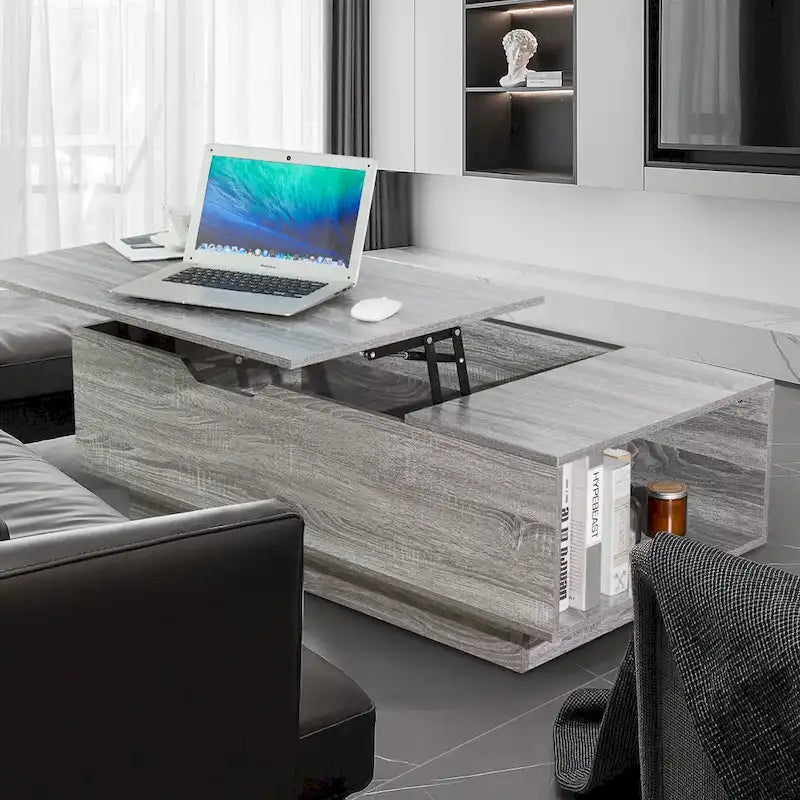 Lift-Top Coffee Table, Grey / Walnut, Rectangle, 1-Person Sofa Desk with Storage