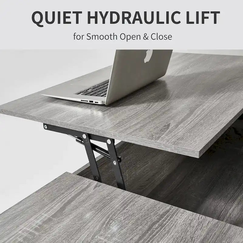 Lift-Top Coffee Table, Grey / Walnut, Rectangle, 1-Person Sofa Desk with Storage