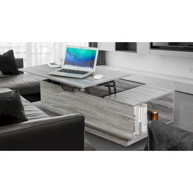 Lift-Top Coffee Table, Grey / Walnut, Rectangle, 1-Person Sofa Desk with Storage
