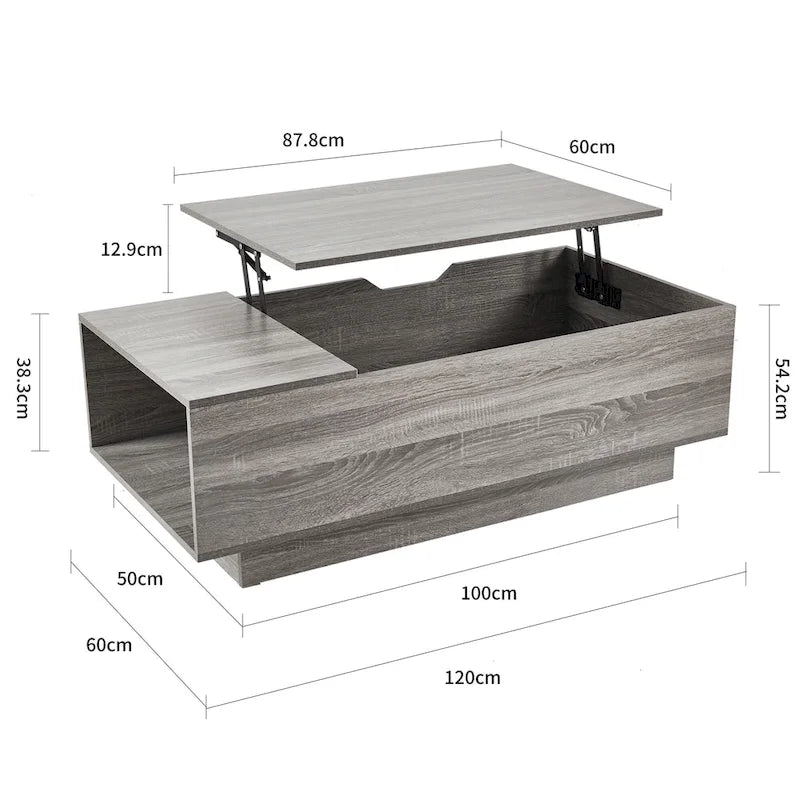 Lift-Top Coffee Table, Grey / Walnut, Rectangle, 1-Person Sofa Desk with Storage
