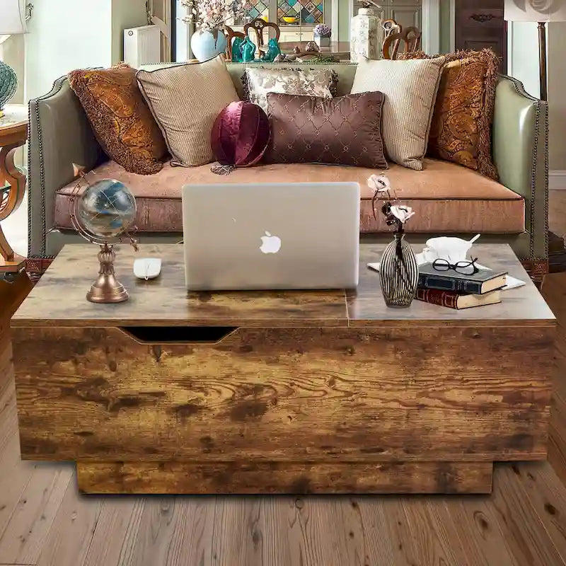 Lift-Top Coffee Table, Grey / Walnut, Rectangle, 1-Person Sofa Desk with Storage