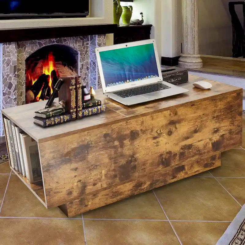 Lift-Top Coffee Table, Grey / Walnut, Rectangle, 1-Person Sofa Desk with Storage
