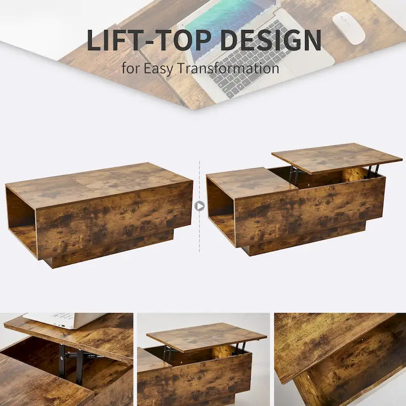 Lift-Top Coffee Table, Grey / Walnut, Rectangle, 1-Person Sofa Desk with Storage