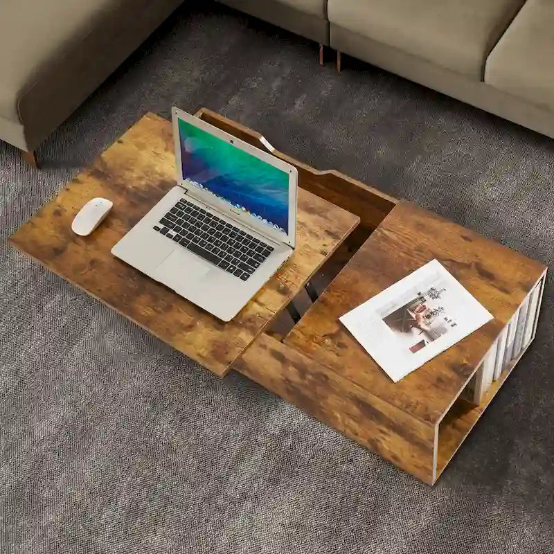 Lift-Top Coffee Table, Grey / Walnut, Rectangle, 1-Person Sofa Desk with Storage