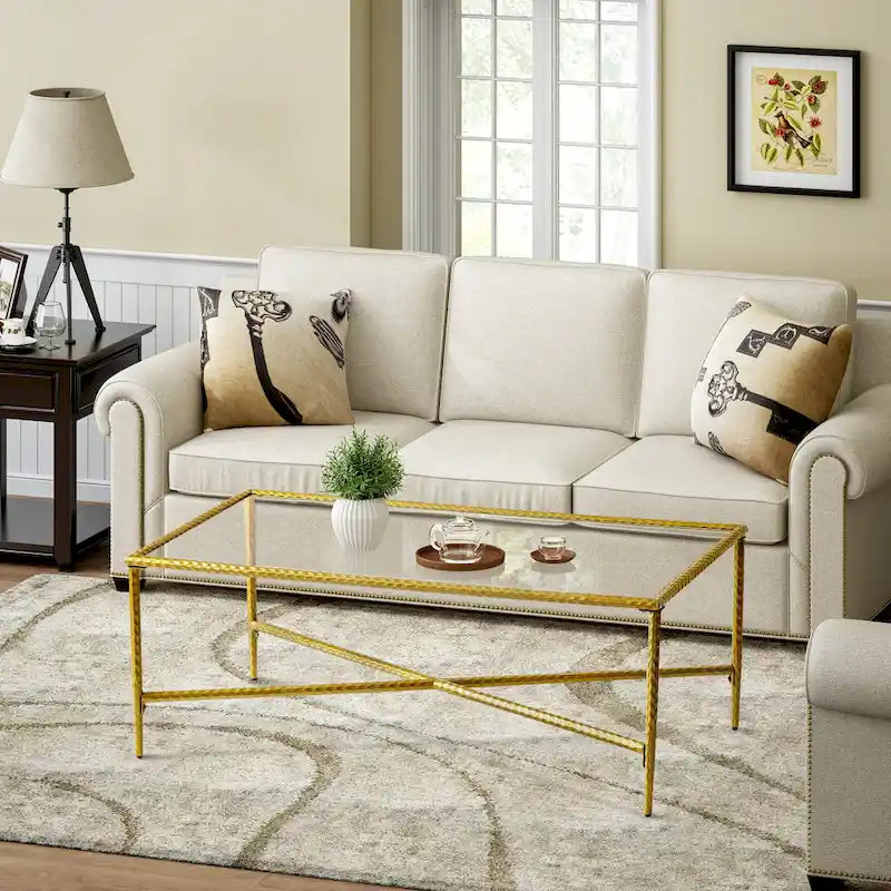 Gold Glass-Top Rectangular Coffee Table – 1-Person