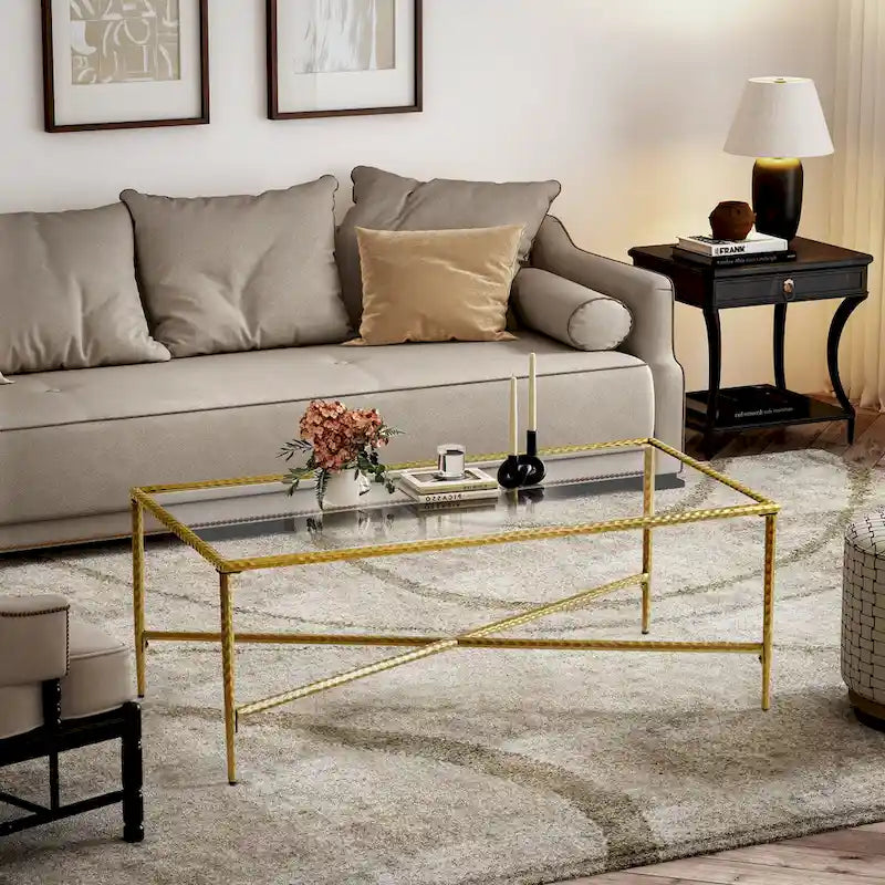 Gold Glass-Top Rectangular Coffee Table – 1-Person