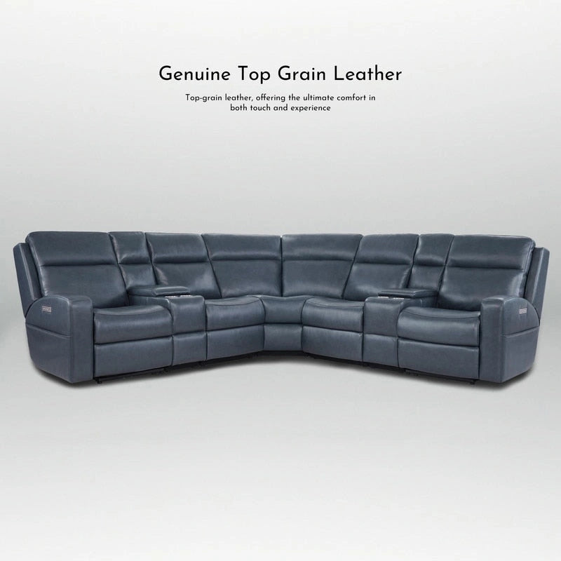 Blue Genuine Leather Power Recliner Sectional, 4-Seat