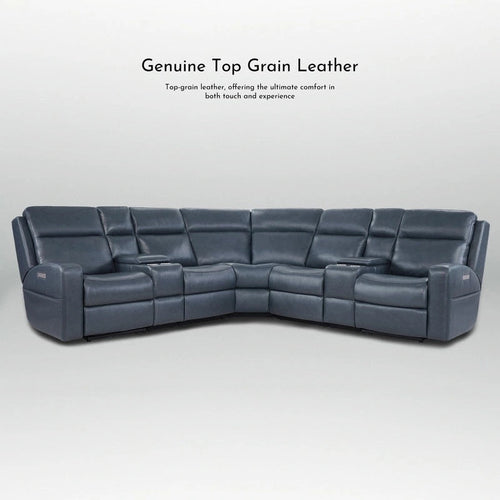 Blue Genuine Leather Power Recliner Sectional, 4-Seat
