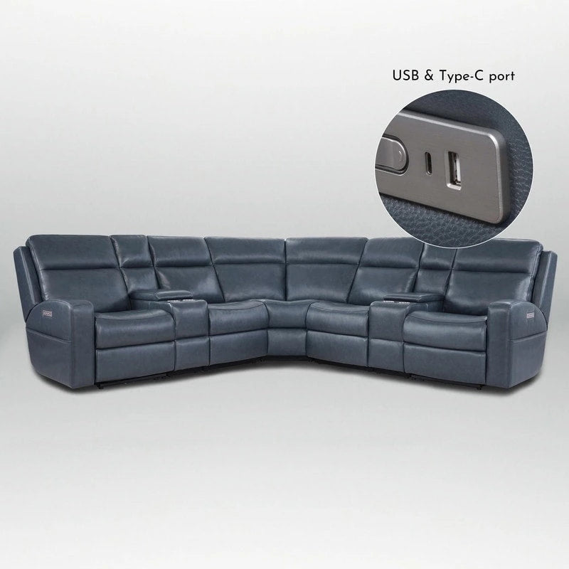 Blue Genuine Leather Power Recliner Sectional, 4-Seat