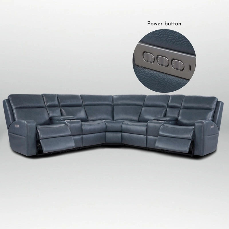 Blue Genuine Leather Power Recliner Sectional, 4-Seat