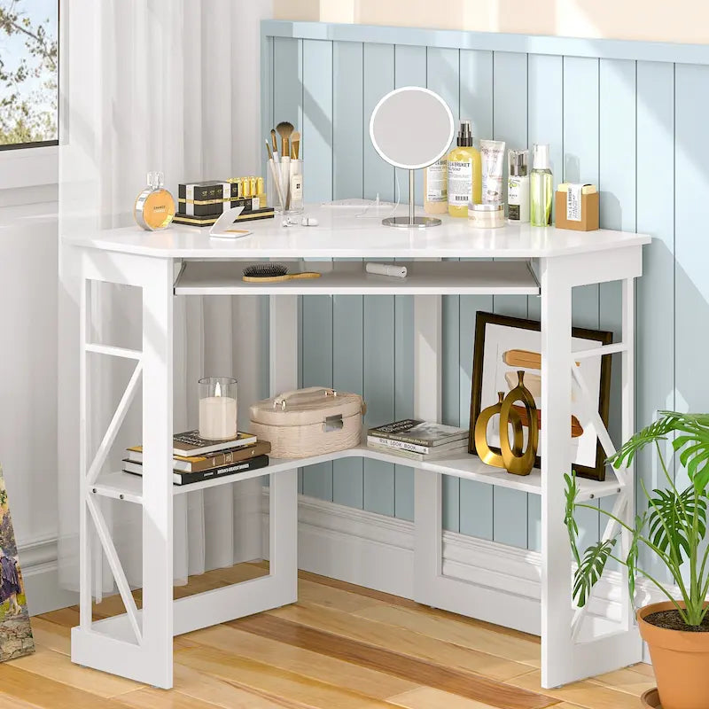 White/Black/Brown Triangle Corner Desk with Outlets & USB, 1-Person