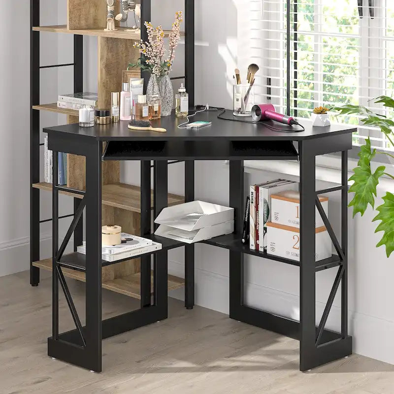 White/Black/Brown Triangle Corner Desk with Outlets & USB, 1-Person