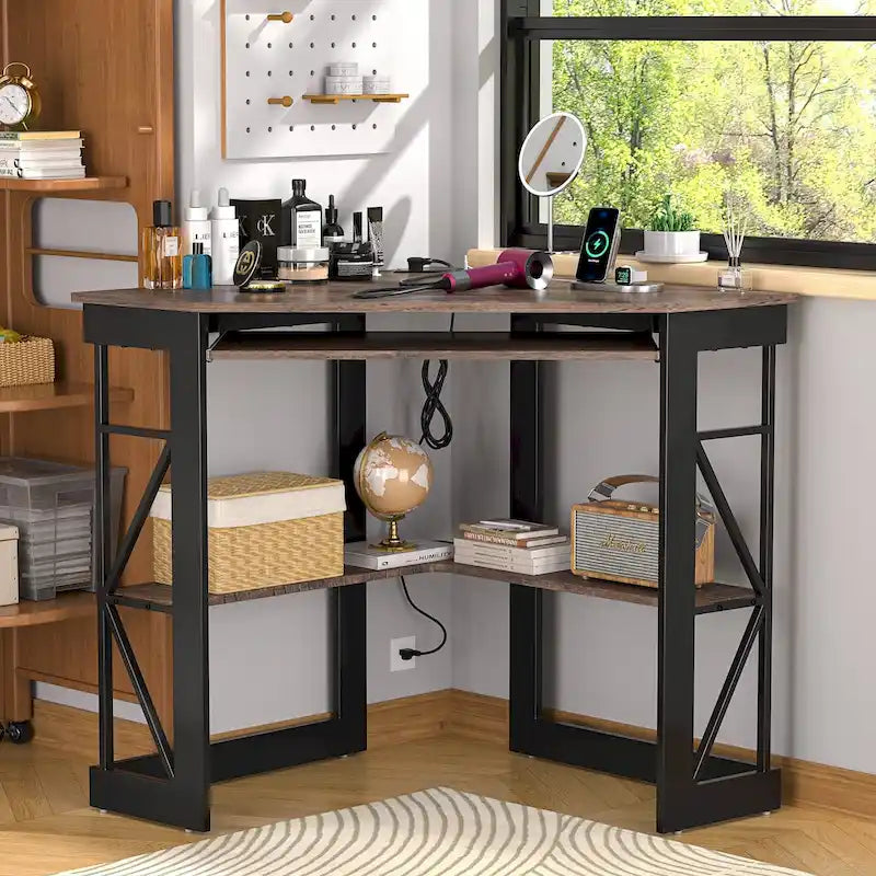 White/Black/Brown Triangle Corner Desk with Outlets & USB, 1-Person