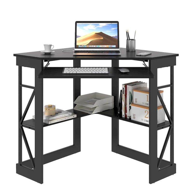 White/Black/Brown Triangle Corner Desk with Outlets & USB, 1-Person