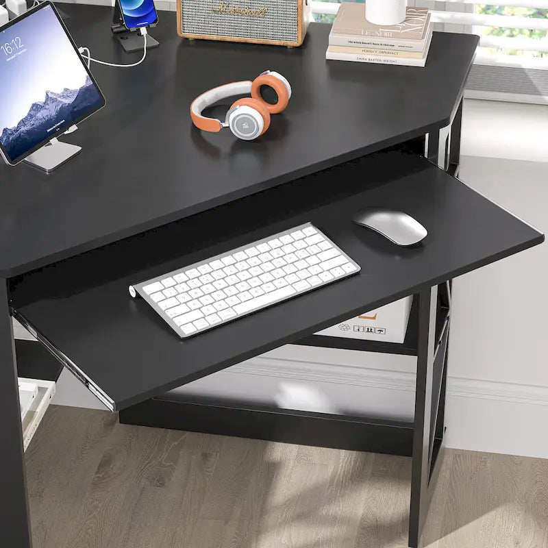 White/Black/Brown Triangle Corner Desk with Outlets & USB, 1-Person