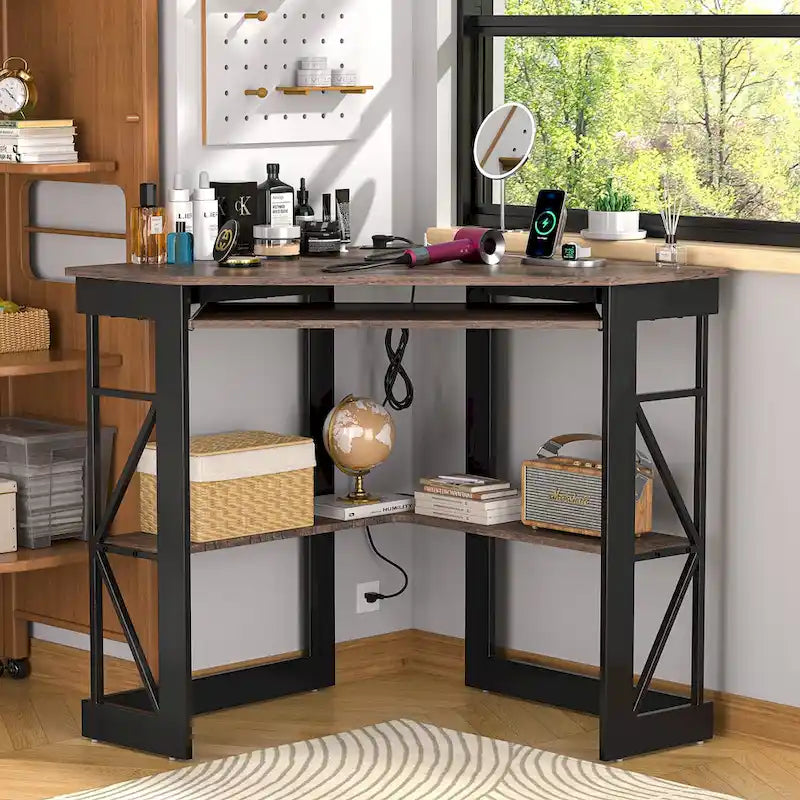 White/Black/Brown Triangle Corner Desk with Outlets & USB, 1-Person