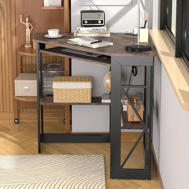 White/Black/Brown Triangle Corner Desk with Outlets & USB, 1-Person