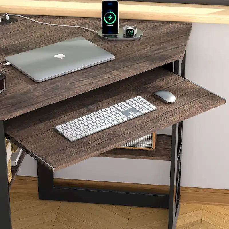 White/Black/Brown Triangle Corner Desk with Outlets & USB, 1-Person