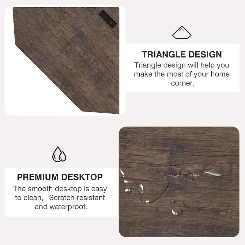 White/Black/Brown Triangle Corner Desk with Outlets & USB, 1-Person