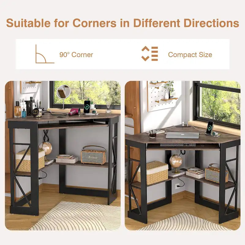 White/Black/Brown Triangle Corner Desk with Outlets & USB, 1-Person