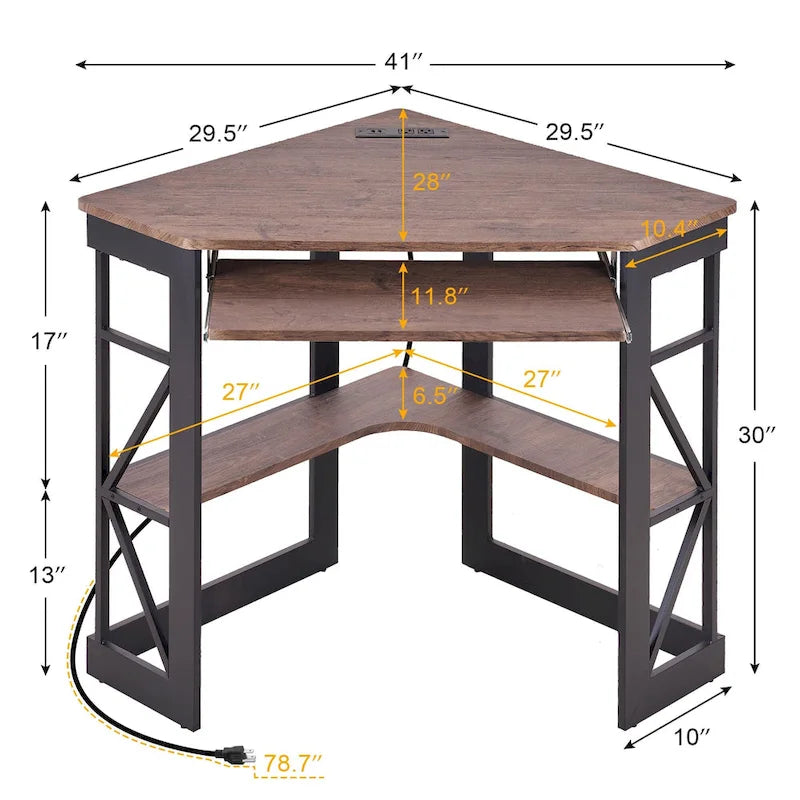 White/Black/Brown Triangle Corner Desk with Outlets & USB, 1-Person
