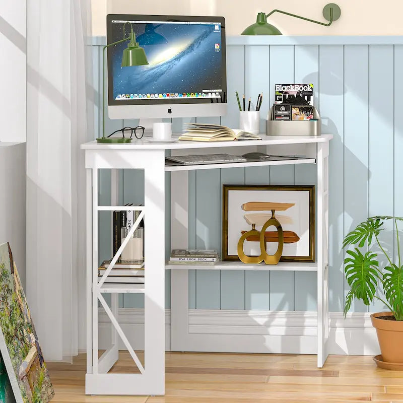 White/Black/Brown Triangle Corner Desk with Outlets & USB, 1-Person