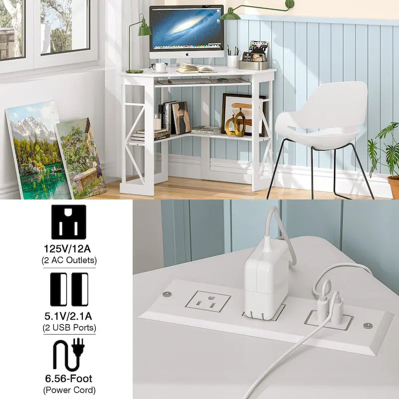 White/Black/Brown Triangle Corner Desk with Outlets & USB, 1-Person