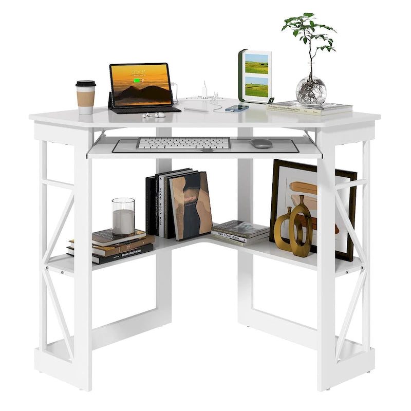 White/Black/Brown Triangle Corner Desk with Outlets & USB, 1-Person