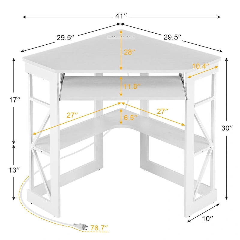 White/Black/Brown Triangle Corner Desk with Outlets & USB, 1-Person