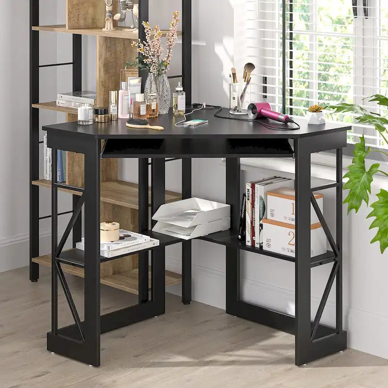 White/Black/Brown Triangle Corner Desk with Outlets & USB, 1-Person