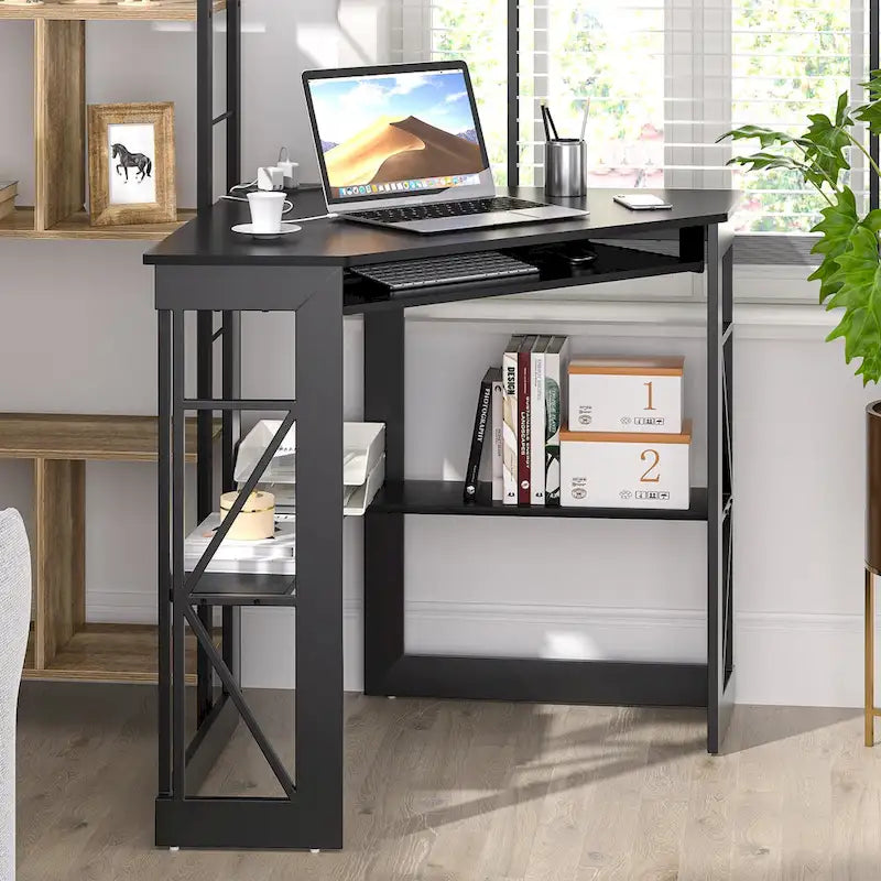 White/Black/Brown Triangle Corner Desk with Outlets & USB, 1-Person