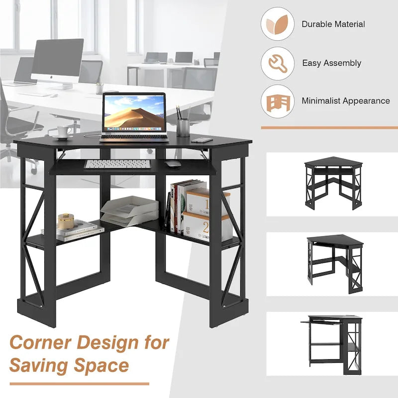 White/Black/Brown Triangle Corner Desk with Outlets & USB, 1-Person