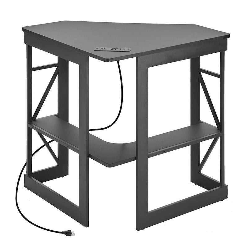 White/Black/Brown Triangle Corner Desk with Outlets & USB, 1-Person