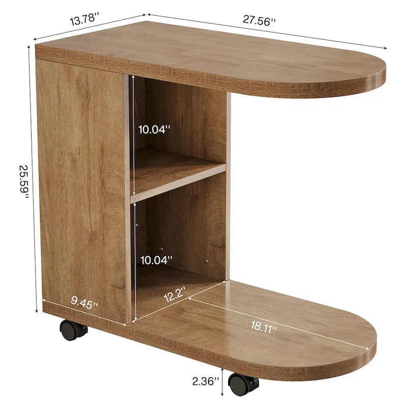 Oak C-Shaped Side Table with Storage Shelves, Mobile, 2-Tier, 1-Person