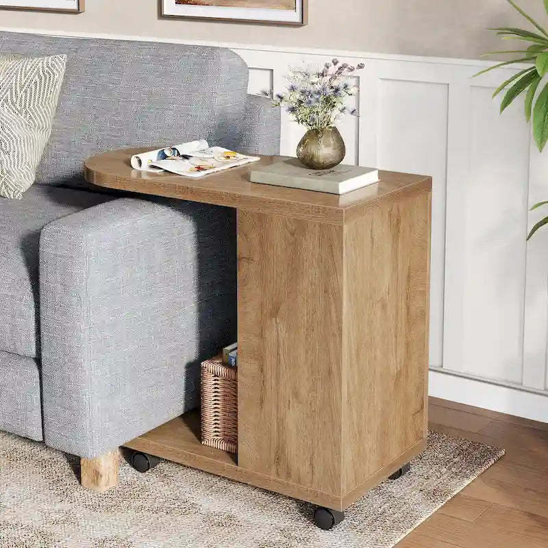 Oak C-Shaped Side Table with Storage Shelves, Mobile, 2-Tier, 1-Person