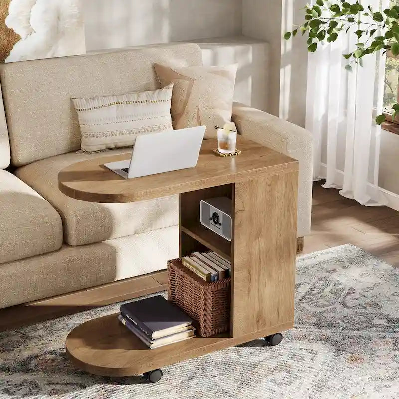 Oak C-Shaped Side Table with Storage Shelves, Mobile, 2-Tier, 1-Person