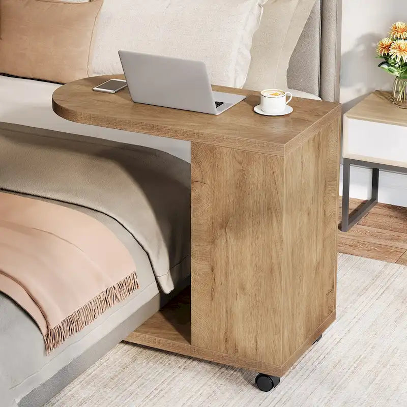 Oak C-Shaped Side Table with Storage Shelves, Mobile, 2-Tier, 1-Person