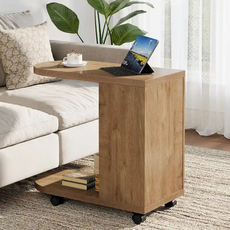 Oak C-Shaped Side Table with Storage Shelves, Mobile, 2-Tier, 1-Person