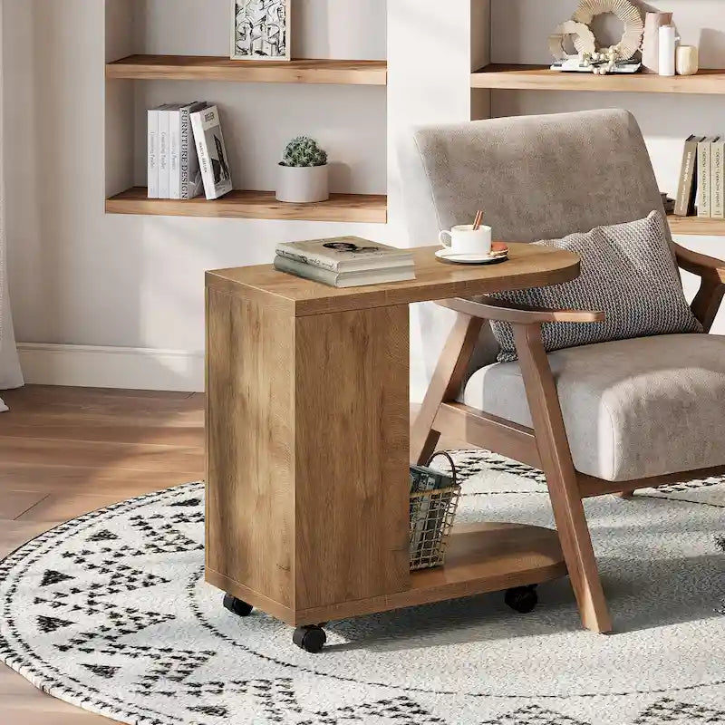 Oak C-Shaped Side Table with Storage Shelves, Mobile, 2-Tier, 1-Person
