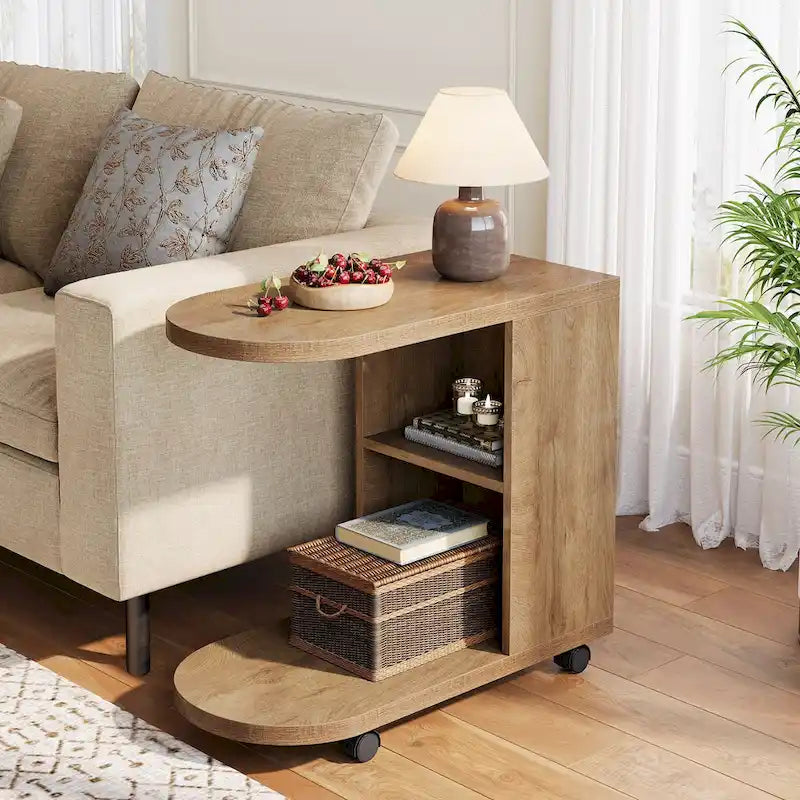 Oak C-Shaped Side Table with Storage Shelves, Mobile, 2-Tier, 1-Person