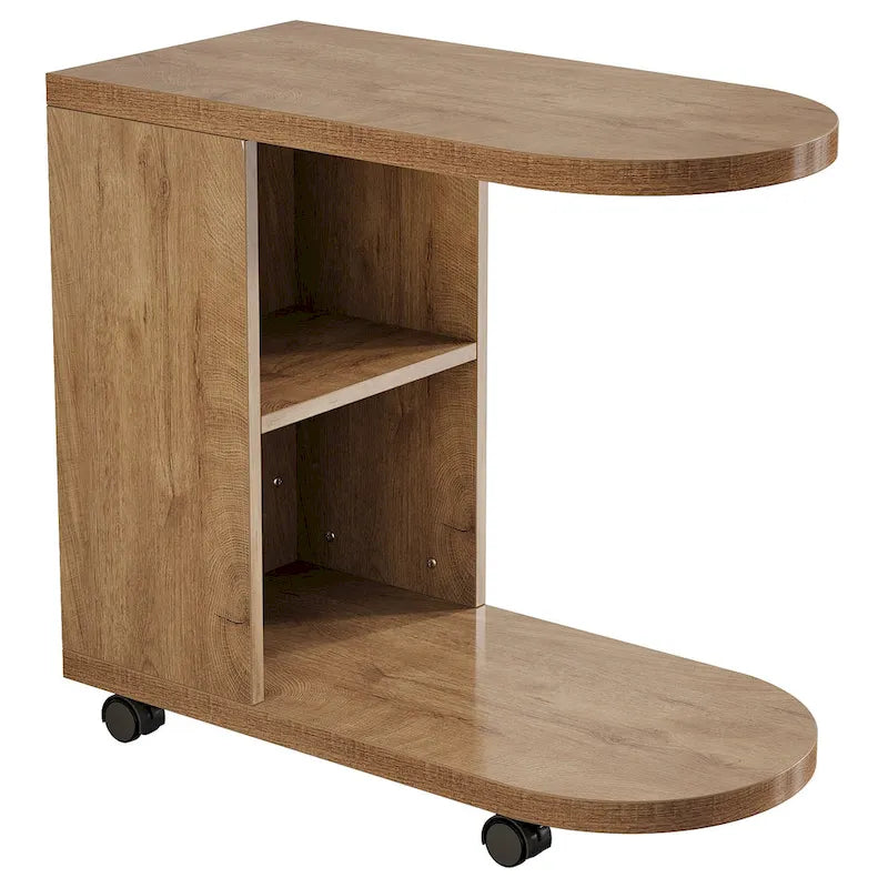 Oak C-Shaped Side Table with Storage Shelves, Mobile, 2-Tier, 1-Person