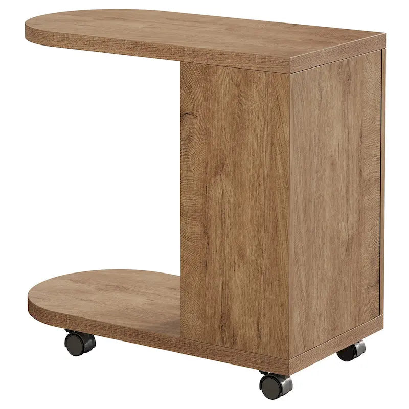 Oak C-Shaped Side Table with Storage Shelves, Mobile, 2-Tier, 1-Person
