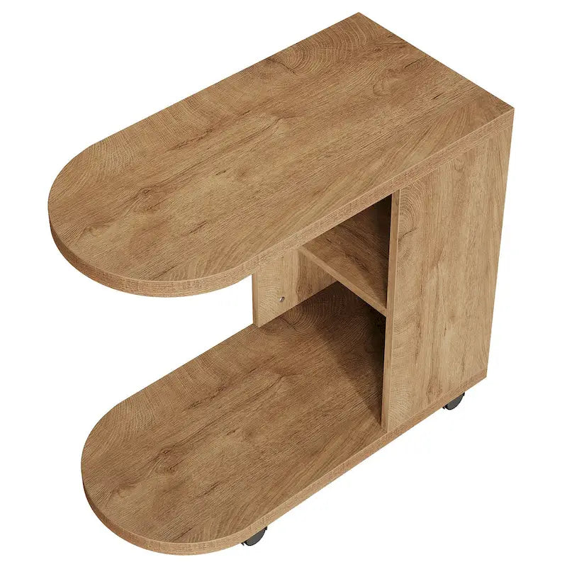 Oak C-Shaped Side Table with Storage Shelves, Mobile, 2-Tier, 1-Person