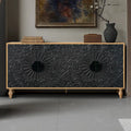 63" TV Stand, Black & Natural / Black & White, Carved Doors, Wood Legs