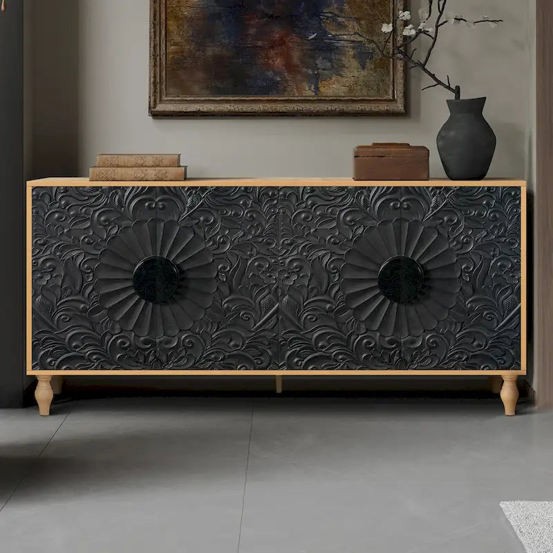 63" TV Stand, Black & Natural / Black & White, Carved Doors, Wood Legs